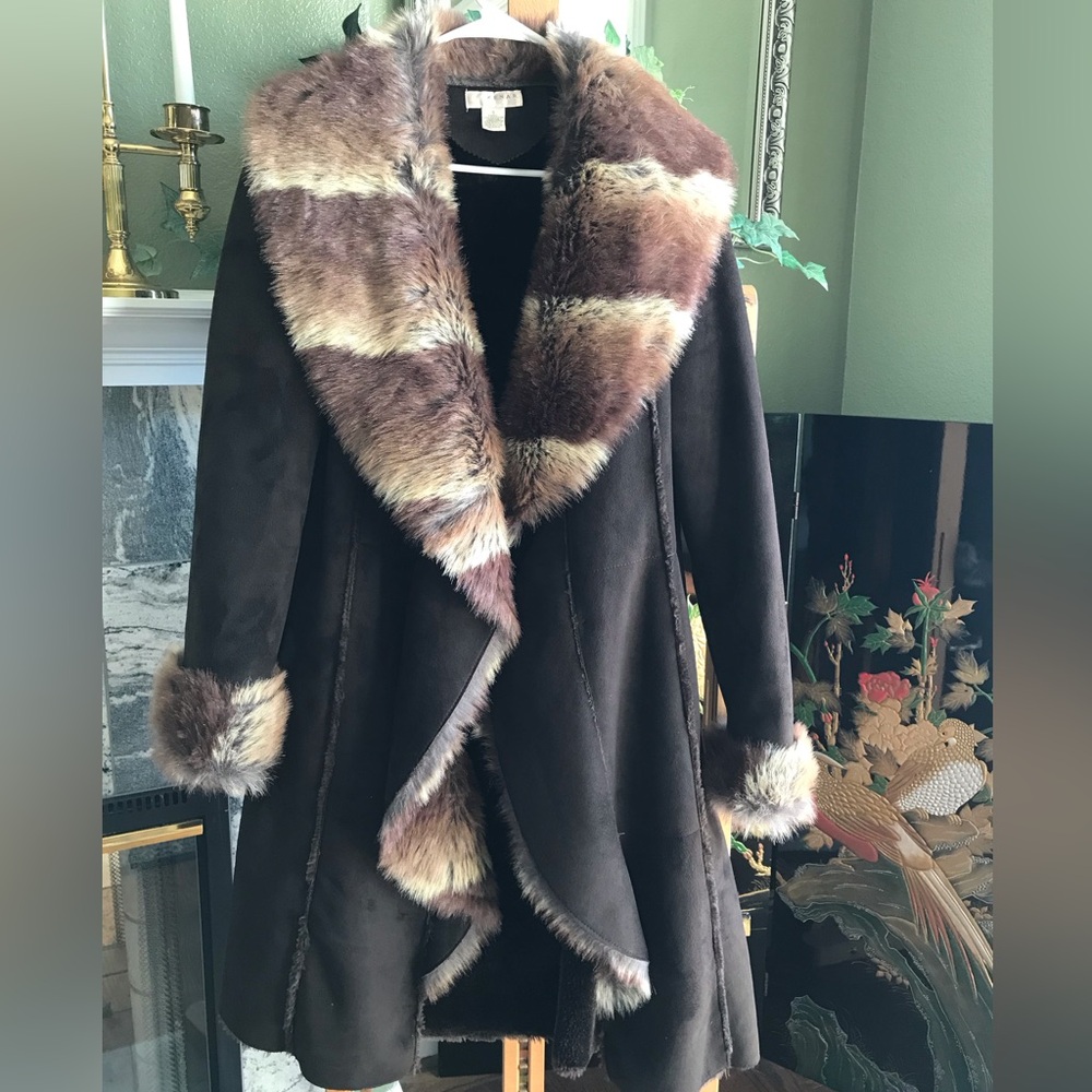 Kenar Dark Brown Teddy Jacket with Faux Fur Trim